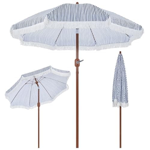 Thumbnail 8 de Yaheetech Ombrellone da spiaggia e giardino inclinabile 215 cm con frange, poliestere e metallo, blu e bianco