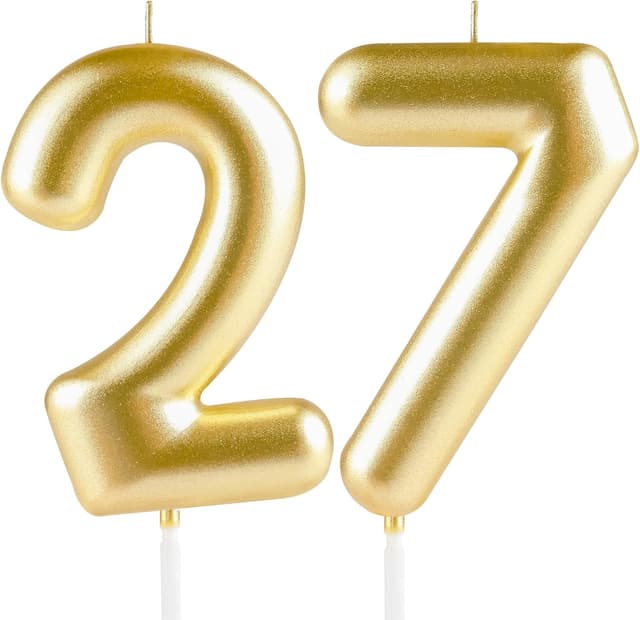 Detalle de Hongplus Metallic Gold Number 27 Birthday Candle Cake Topper (for 27th birthdays, anniversaries & parties)