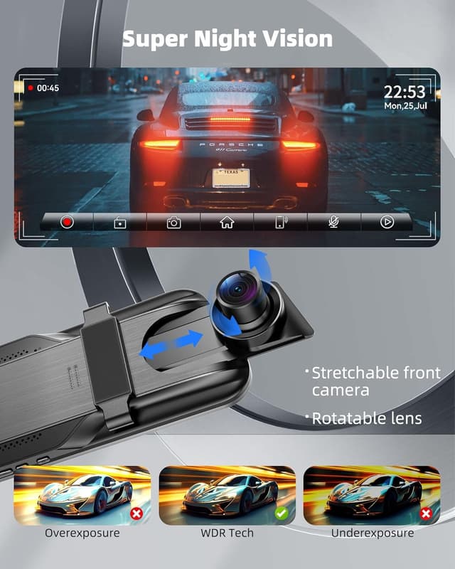 Detalle de KOUENOM 2.5K Mirror Dash Cam with CarPlay & Android Auto, 10” Rear View Mirror Camera (64GB Included)