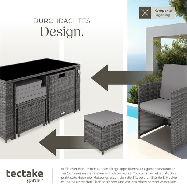 Detalle 2 de tectake Poly Rattan Sitzgruppe 5-teilig (bis zu 4 Personen) mit Tisch, 2 Sesseln & Hocker – grau