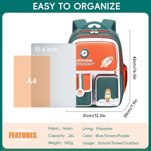 Detalle de Amythe zaino scuola ergonomico bambino 6-12 anni impermeabile 26L, verde