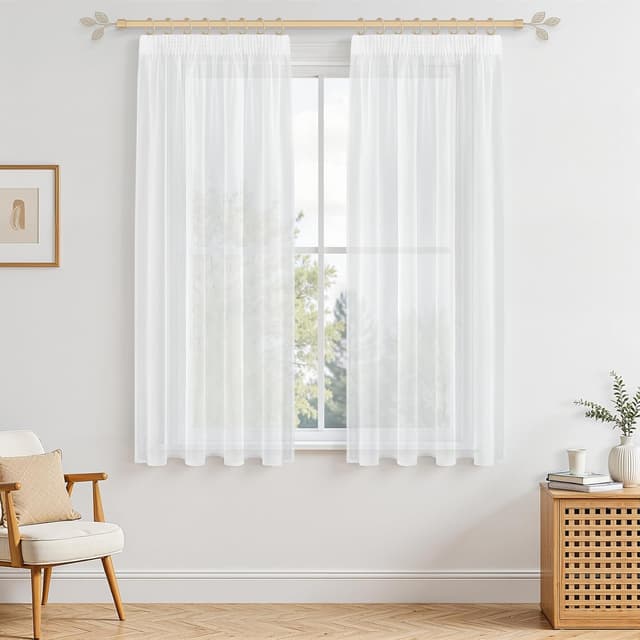 Detalle de MRTREES Gardinen mit Kräuselband, 2er-Set 160×140 cm (H×B) weiß kurz transparent in Leinenoptik