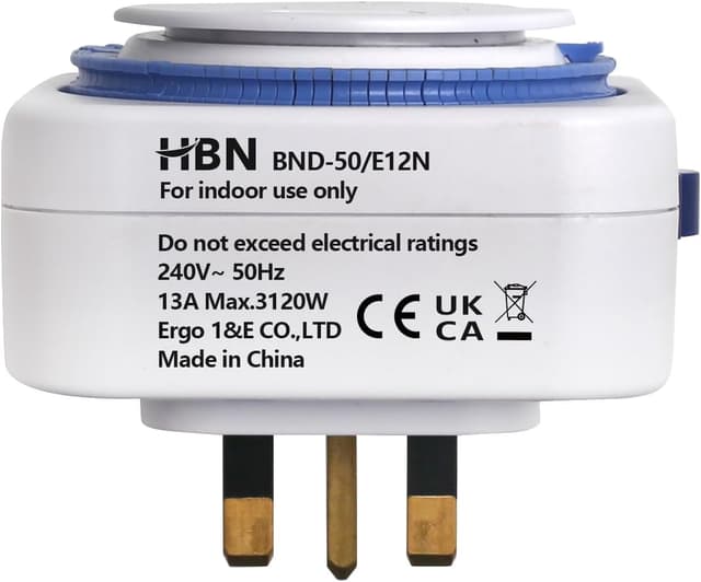 Detalle 2 de HBN Mechanical Timer Plug Socket (24 Hour, 13A/3120W) – UK Indoor Plug-In Timer, 3 Pack