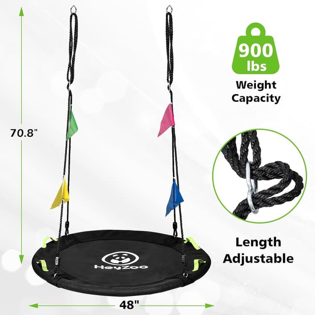 Detalle 2 de HeyZoo 48-inch Tree Swing with Larger Saucer Seat, 900 lb Capacity, Adjustable Hanging Straps (Black)