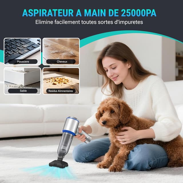 Detalle de Aspirateur à main sans fil 25000 Pa / 120 W – mini aspirateur voiture avec moteur sans brosse et 3 vitesses