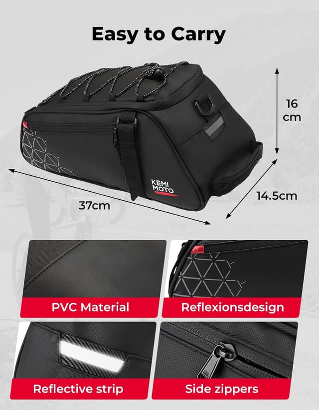 Detalle 2 de KEMIMOTO 2-in-1 Fahrradtasche für Gepäckträger hinten (8 l) – wasserabweisend mit Schultergurt