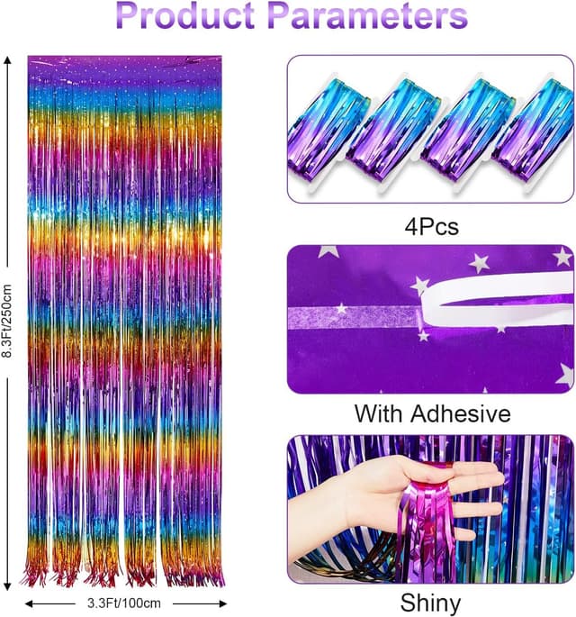 Detalle 2 de PVEGOS 4-pack Rainbow Glitter Tinsel Foil Fringe Curtains (3.3 x 8.3 ft each)