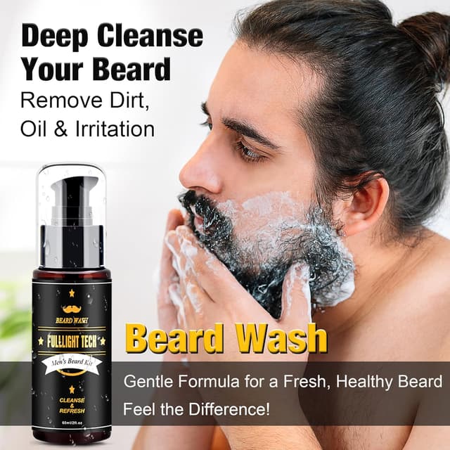Detalle de FULLLIGHT TECH Beard Kit for Men: 3-Pack Beard Oil, Wash & Balm + Grooming Tools