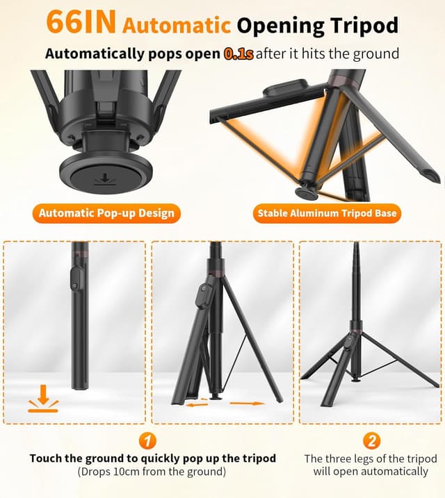 Detalle 2 de TONEOF 66" Automatic Tripod Selfie Stick with Auto-Open Stand and Magnetic Rechargeable Remote (Black)