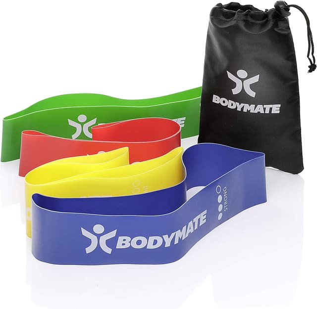 Detalle de BODYMATE Lot de 4 bandes de résistance élastiques en latex naturel (avec pochette) – 60 cm x 5 cm