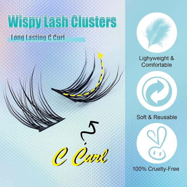 Detalle de Obeyalash künstliche Wimpern natürlich (C-Curl), einzeln & als Cluster-Set, 10–13 mm, 84 Stück – DIY-Wimpernverlängerung
