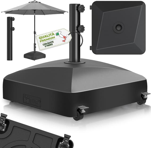 Detalle de tillvex® Base per ombrellone GRAVIA con ruote e freni, zavorra riempibile 37 L/56 kg, per palo Ø 1,8–3,7 m, nero
