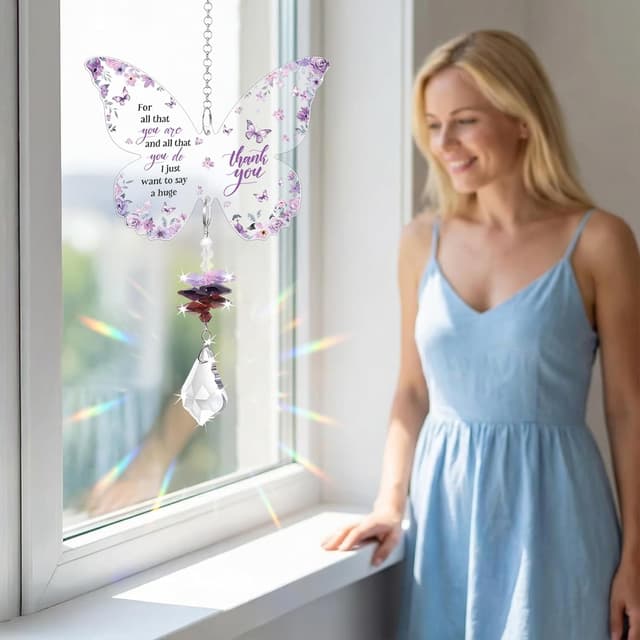 Detalle 2 de Butterfly Crystal Suncatcher Thank You Gift – Butterfly acrylic ornament with crystal chain
