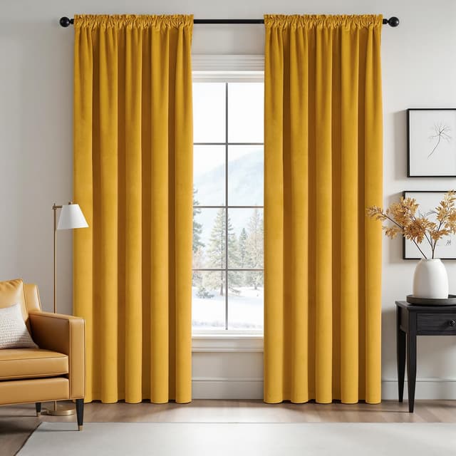 Detalle de MIULEE 2er Set Samtvorhänge blickdicht zur Verdunkelung, Stangendurchzug – Senfgelb, 140 x 260 cm