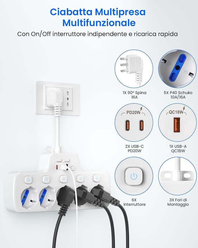 Detalle 2 de Multipresa elettrica ciabatta con USB C 5 posti