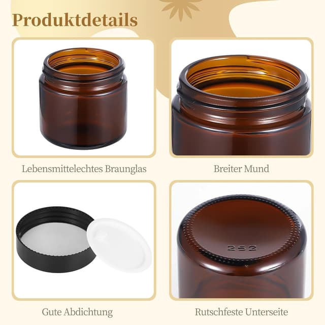 Thumbnail 2 de 16x 60 ml Amber-Glas-Leerdosen Set (braune Cremedosen) mit Schraubdeckel – nachfüllbare Kosmetikbehälter