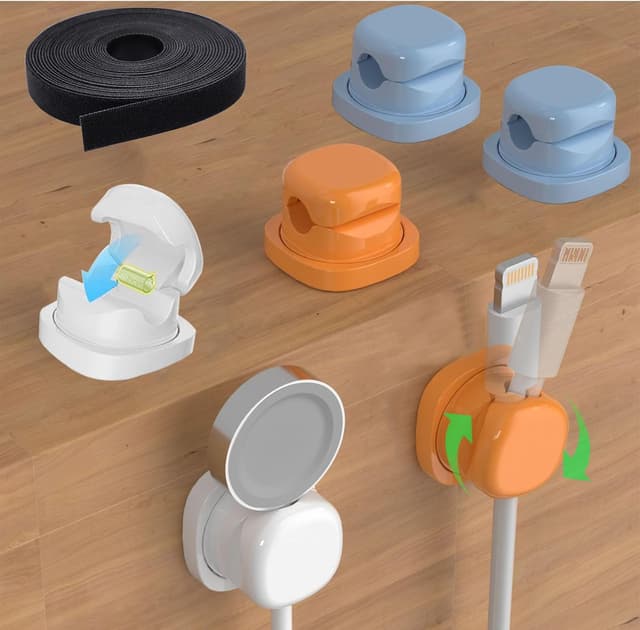 Detalle de Chuainxin Kabelorganizer-Set mit 6 drehbaren, selbstklebenden Kabelhaltern und Klettband