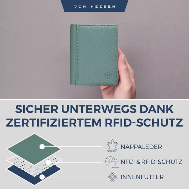 Detalle de VON HEESEN Leder-Geldbörse mit XL-Münzfach & RFID-Schutz in Türkis