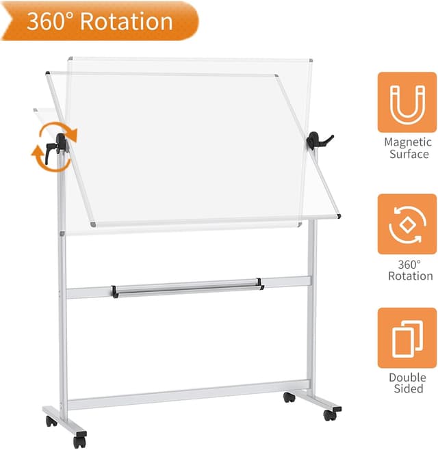 Detalle de VIZ-PRO Double-Sided Magnetic Revolving Mobile Whiteboard (120 x 90cm) with Aluminium Frame & Stand