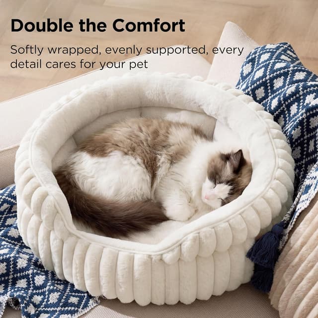 Detalle 2 de Bedsure Cat Bed Washable Kitten Bed (58x58cm) Corduroy Fleece Round – Washable, Non-Slip Base, Reversible Cushion