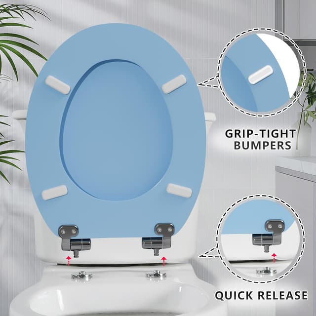 Detalle de Angel Shield Wooden Toilet Seat with Adjustable Soft Close Hinges (Blue) – Quick Release & Removable Lid