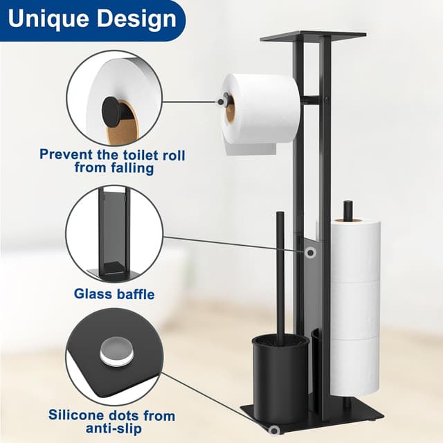 Detalle de Edelstahl Klopapierhalter stehend mit Klobürste & Tablett (Schwarz Matt) – WC Garnitur mit Glasregal