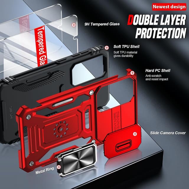 Detalle de LeYi for Samsung Galaxy S25 phone case with sliding camera lens cover and rotatable kickstand (Red)