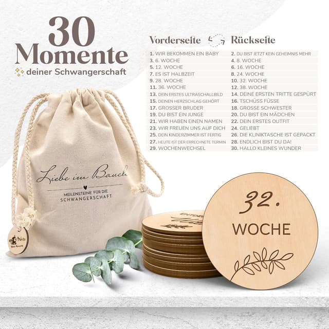 Detalle de Holz-Meilensteinkarten „Schwangerschaft“ – 30 Holzscheiben im Geschenk-Set für werdende Eltern