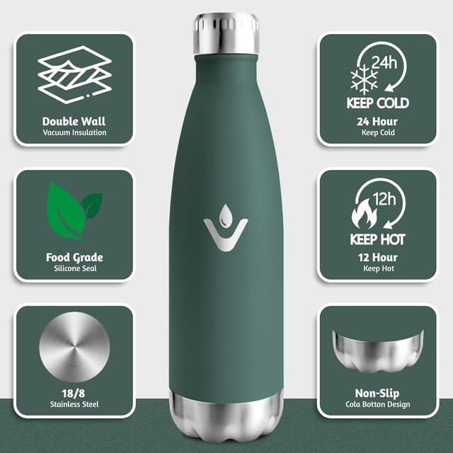 Detalle 2 de Motswedi Borraccia Termica Bambini da 500 ml in acciaio inox 18/8 a doppia parete, verde militare
