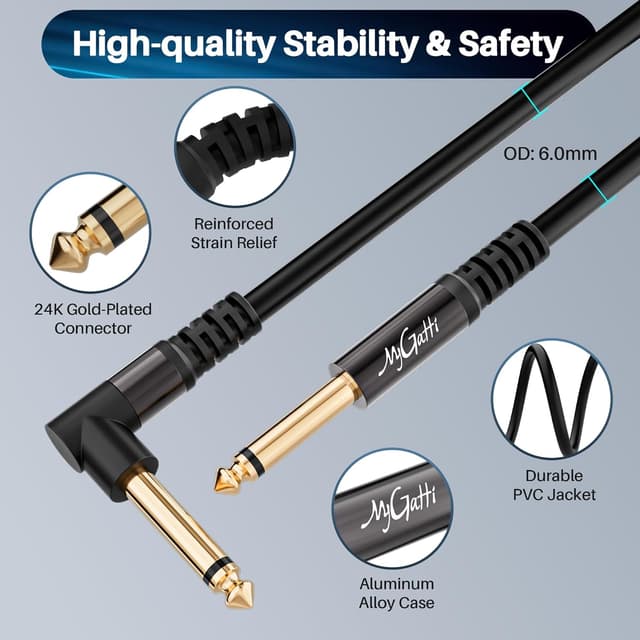 Detalle 2 de Mygatti 90° Gitarrenkabel 6,35 mm TS, Mono-Audiokabel 2 m (gerade/abgewinkelt) inkl. 5 Kabelbinder