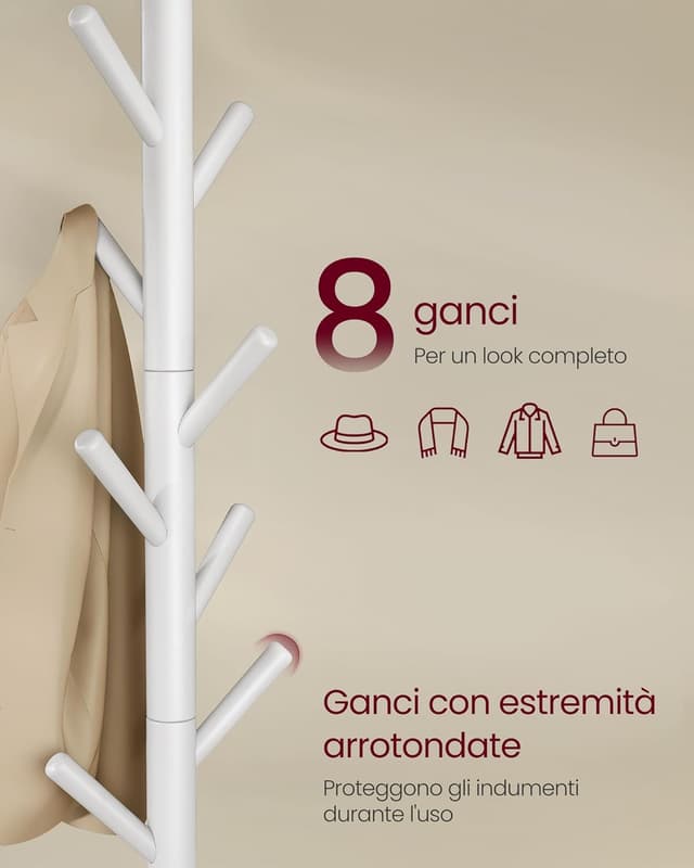 Thumbnail 2 de VASAGLE RCR04WT Attaccapanni da terra 8 ganci in legno