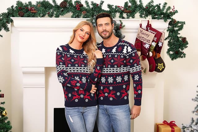 Detalle de Pull de Noël unisexe Aseniza « moche » avec motif flocon et wapiti, col rond et manches longues