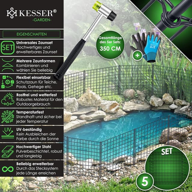Detalle de KESSER Teichzaun Steckzaun Metall Komplettset (inkl. Handschuhe, Hammer & 6 Befestigungsstäben)