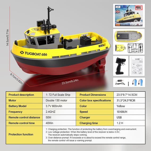 Thumbnail 6 de tech rc 1:72 ferngesteuertes Tugboat mit 2 Akkus, 2,4 GHz RC-Boot (Gelb)