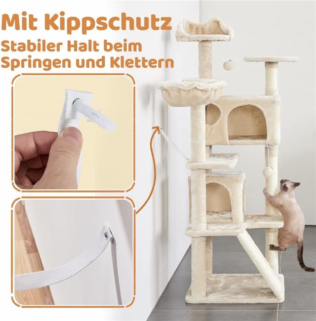 Thumbnail 6 de Yaheetech Kratzbaum 145 cm mit 2 Katzenhöhlen und 3 Aussichtsplattformen (beige)