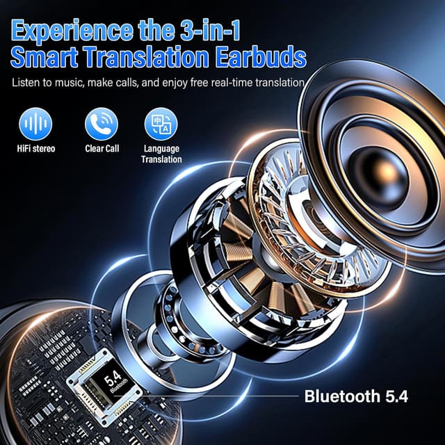 Thumbnail 3 de ZYHKON AI Écouteur traducteur instantané 164 langues (ANC/ENC, écran tactile LED, 48 h) – Noir