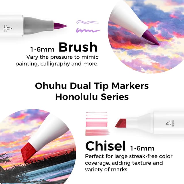 Detalle de Ohuhu Alcohol Markers Brush Tip 104-Colour Double-Tipped Set (Brush & Chisel) with Blender