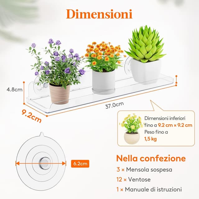 Detalle de Lifewit Ripiani galleggianti con ventose per piante da finestra, 3 confezioni da 38 cm