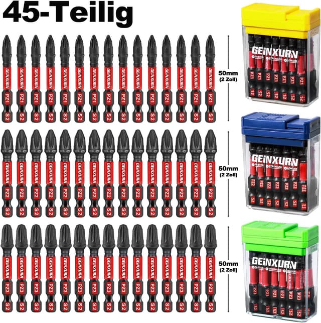 Detalle de GEINXURN Pozidriv Schlagfeste Schraubendreher-Bits-Set (45-tlg.), magnetisch, S2-Stahl, PZ1/PZ2/PZ3
