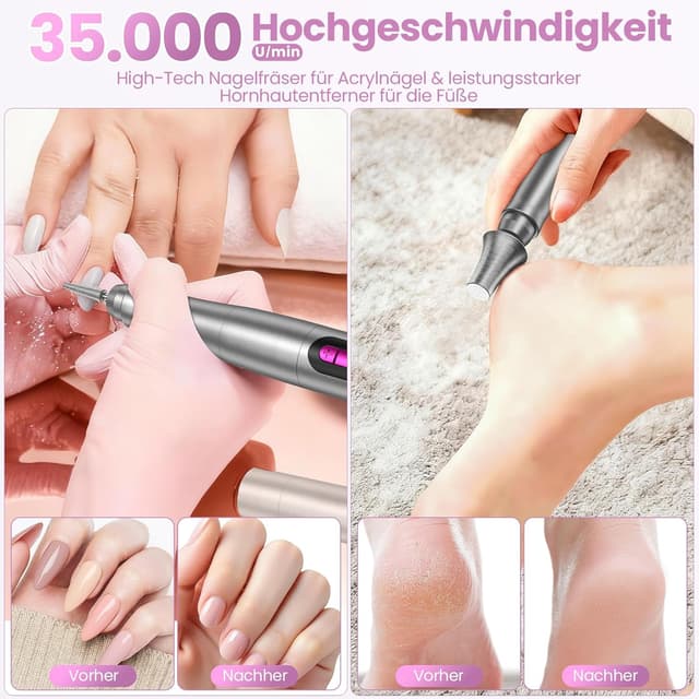 Detalle de Kabelloser Nagelfräser mit 35.000 U/min – elektrische Nagelfeile für Acryl- und Gelnägel, mit LCD-Display (Silber)