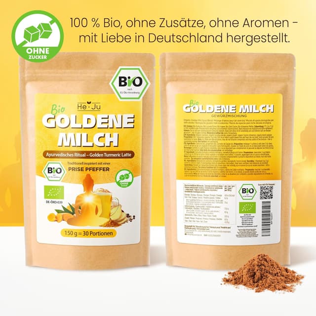 Thumbnail 6 de He-Ju Bio Goldene Milch Classic – Kurkuma-Latte Pulver mit Lucuma & Prise Pfeffer, zuckerfrei, vegan (150 g)