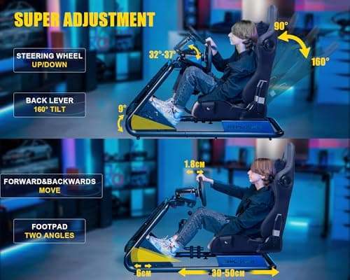Detalle de GTPLAYER Simulator Cockpit con altavoces 3D: soporte de volante ajustable y asiento para sim racing