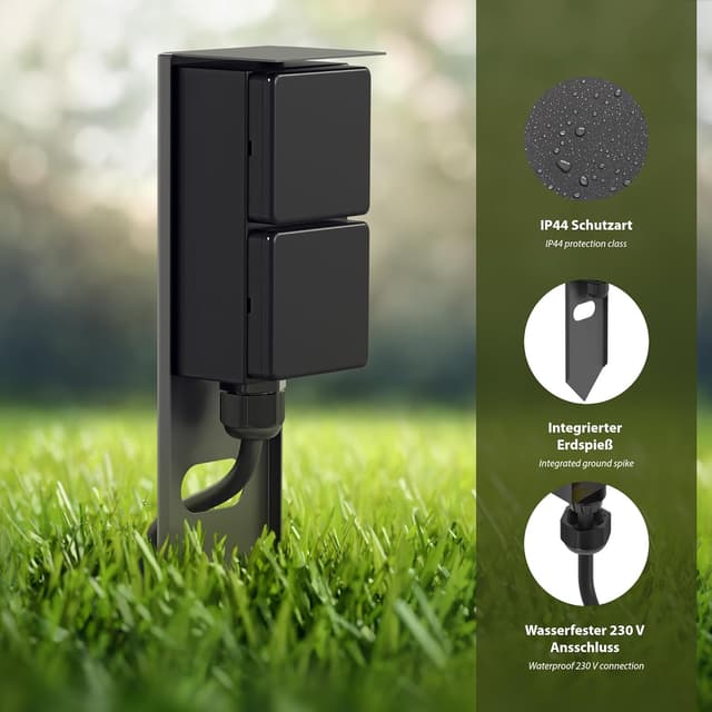 Detalle de ledscom.de 2er Set Garten-Steckdosensäule PIWI mit Erdspieß, IP44, Edelstahl anthrazit, 30 cm