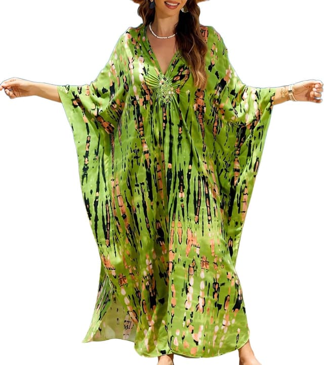 Detalle de IMAGEKOPE Women’s 2025 Summer Kaftan Dress (Plus Size) Deep V-Neck Swim Cover-Up