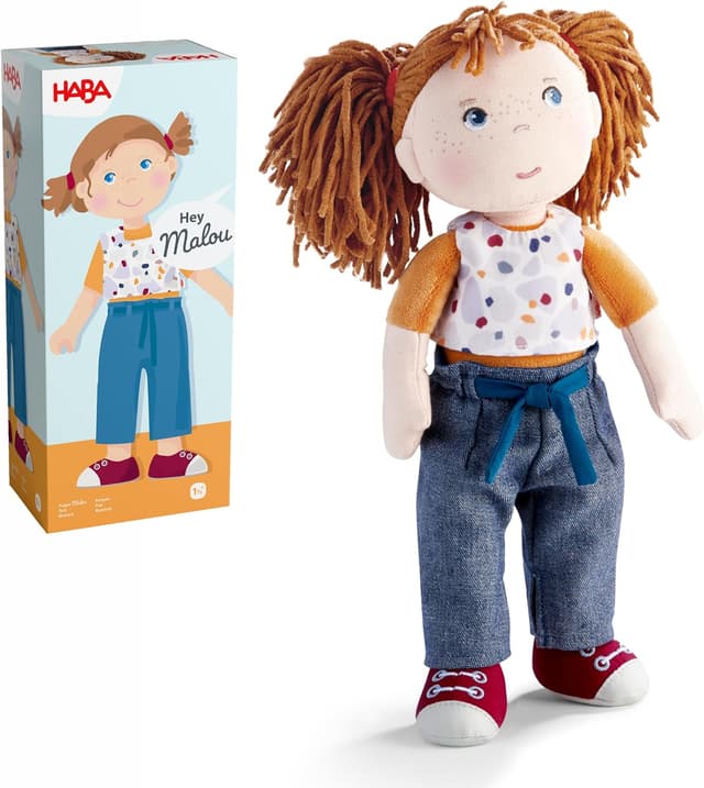 Detalle de HABA Puppe Malou (30 cm) – große Stoffpuppe zum Spielen und Kuscheln, ab 1,5 Jahren