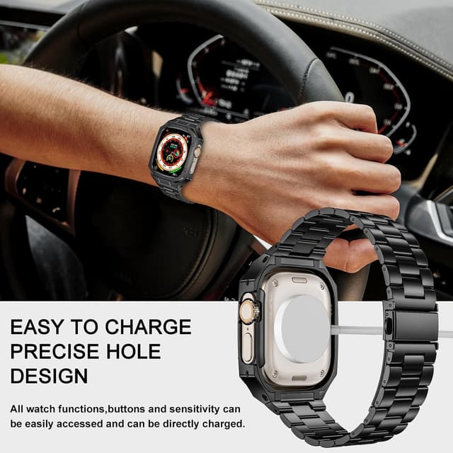 Detalle 2 de BAITEYOU Stainless Steel Watch Band with Case for Apple Watch Ultra (49mm) — Black rugged metal bumper strap