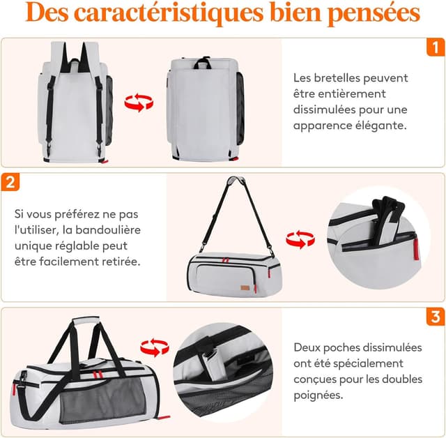 Detalle de Sac de sport Lifewit 40L avec compartiment chaussures et 3 modes de port (gris argenté) – 55 x 36 x 20 cm