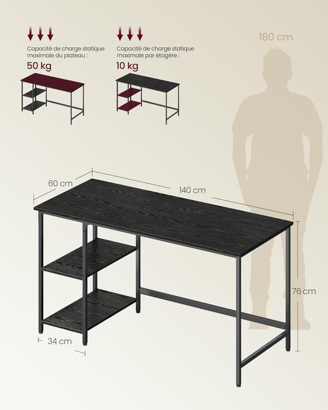 Detalle de Bureau VASAGLE LWD055B02, 140 x 60 cm