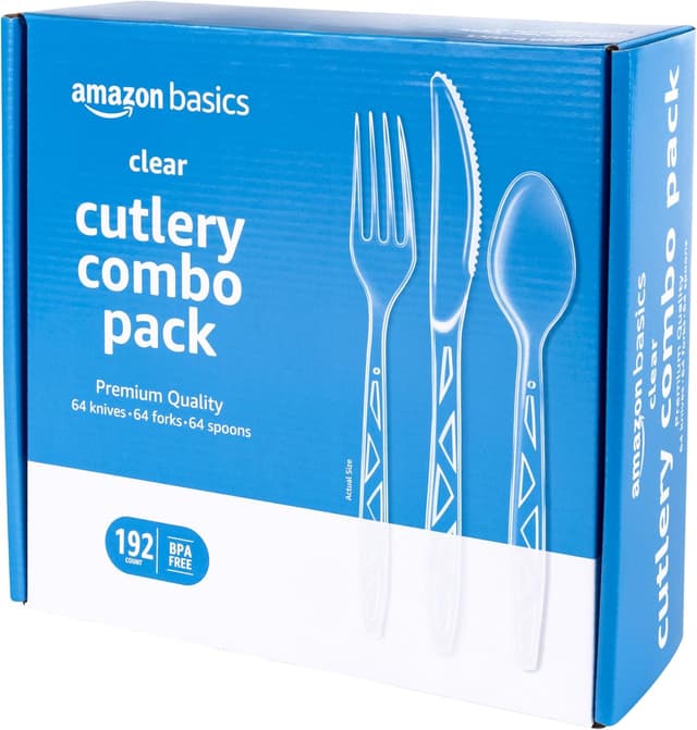 Detalle de Amazon Basics Clear Cutlery 192 pcs 🍴