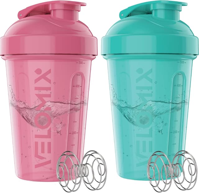 Detalle de VELOMIX 2-Pack 600ml Protein Shaker Bottle (Pink/Turquoise) with Wire Mixball